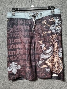 Vintage Y2K Affliction Skull Medallion Grey Black Board Shorts Mens 34 Eagle